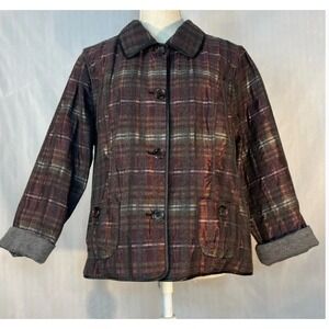 Chicos Reversible Plaid Button Front Jacket Burgundy Green Metallic Texture 3 XL
